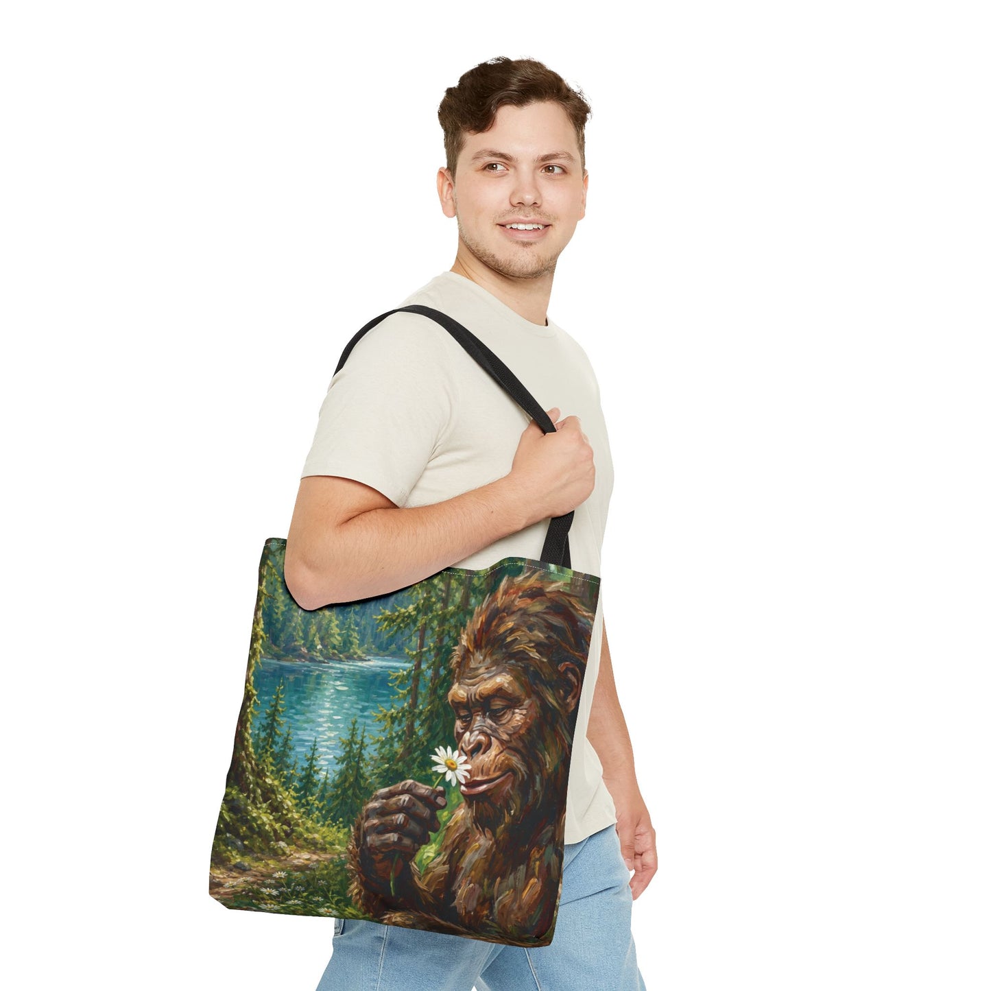 Sasquatch Meadow Tote Bag — Whimsical Bigfoot Nature Canvas Tote