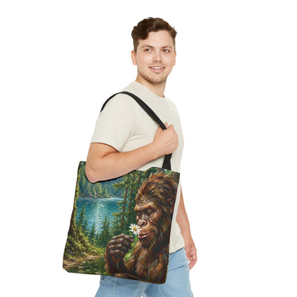Sasquatch Meadow Tote Bag — Whimsical Bigfoot Nature Canvas Tote