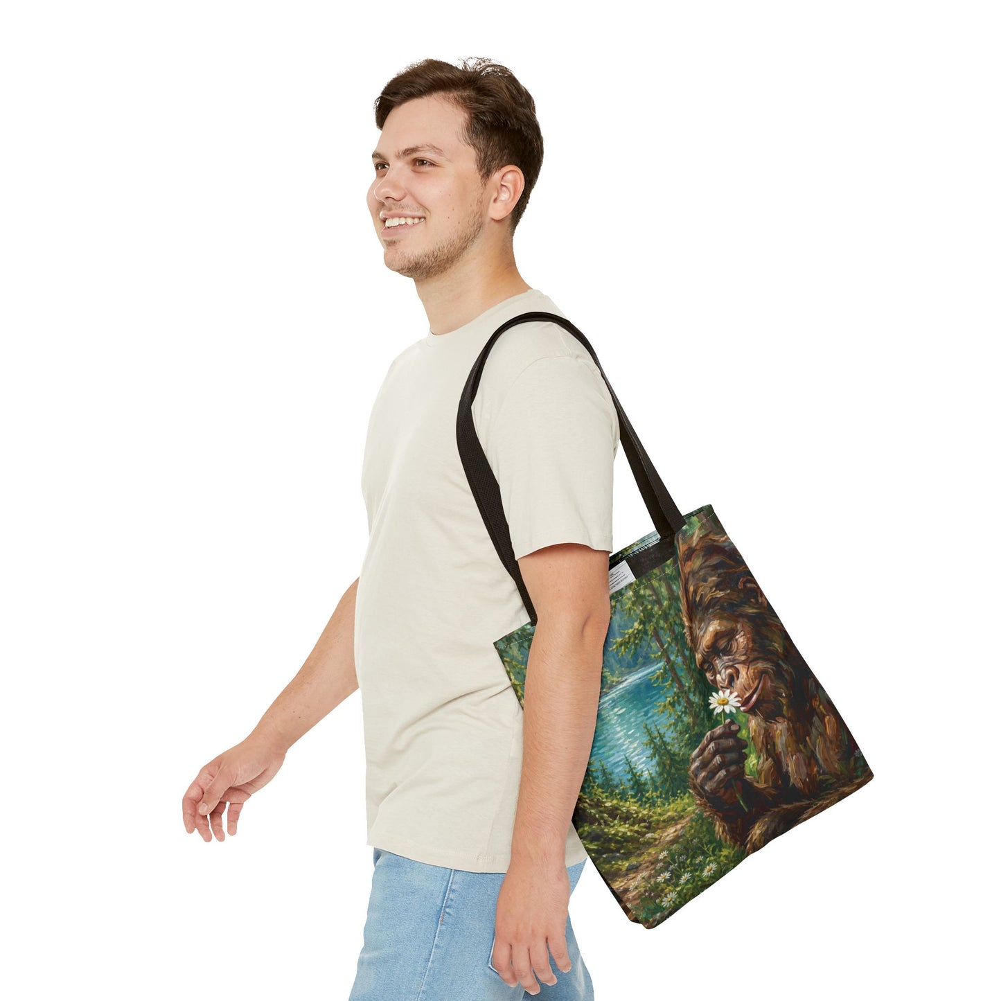 Sasquatch Meadow Tote Bag — Whimsical Bigfoot Nature Canvas Tote