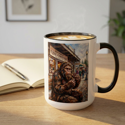 Bigfoot Street Scene Accent Coffee Mug — Sasquatch Eating Fudge in Vintage Town (11/15oz)