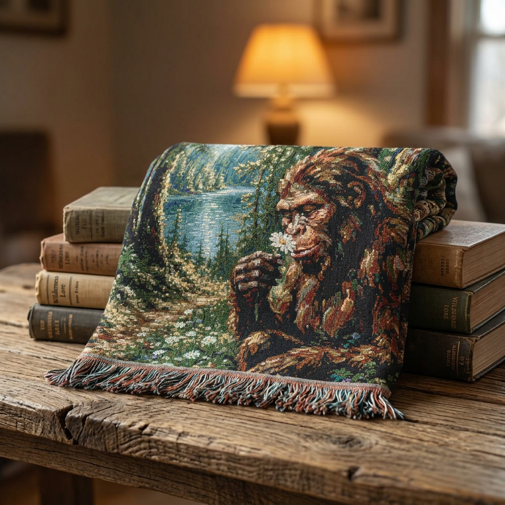 Bigfoot Forest Woven Blanket — Retro Sasquatch Woodland Throw