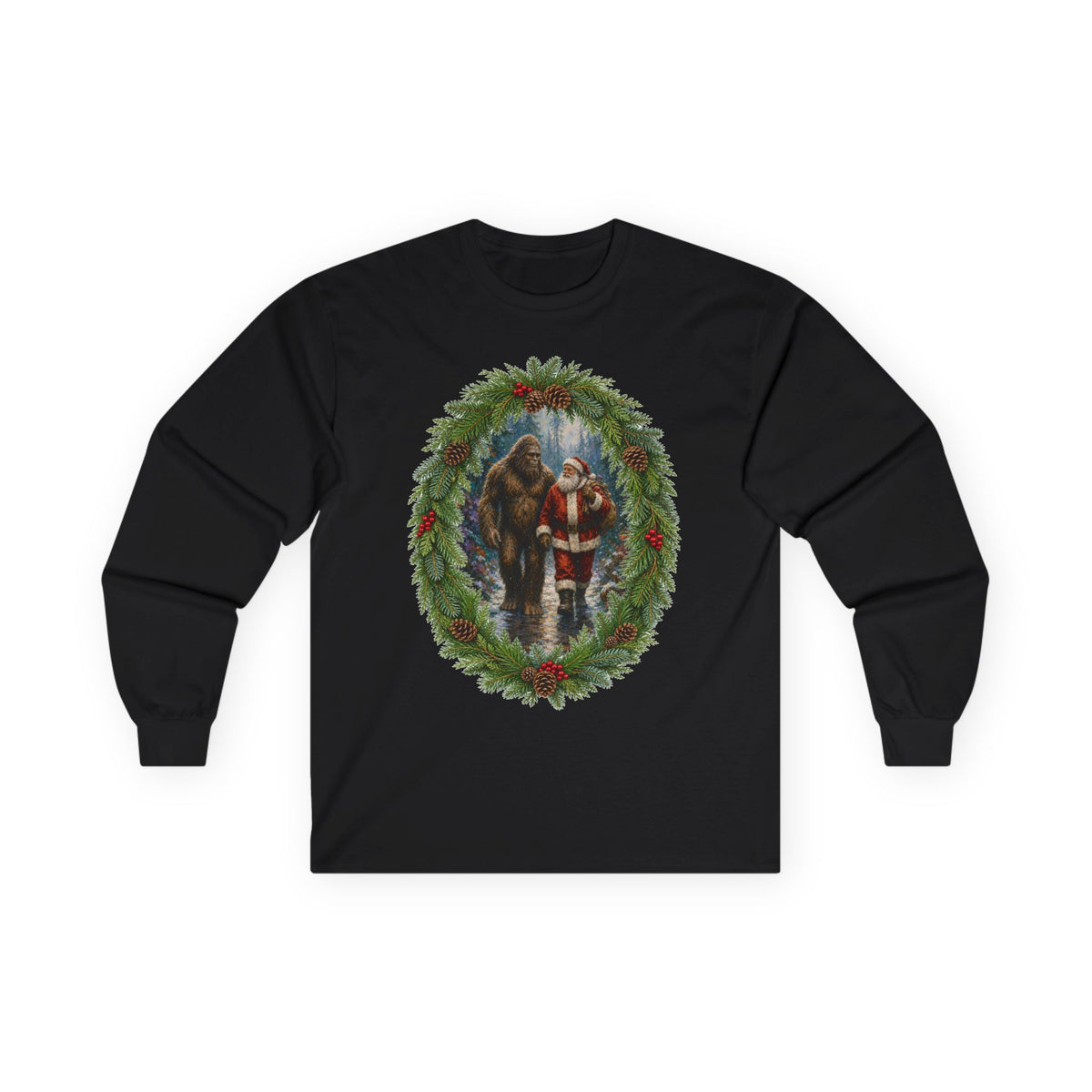 Santa with Sasquatch Christmas Long Sleeve Tee