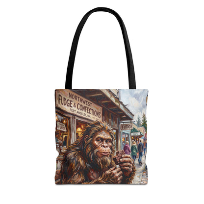Bigfoot Fudge Shop Tote Bag — Whimsical Sasquatch Street Scene All-Over Print Tote