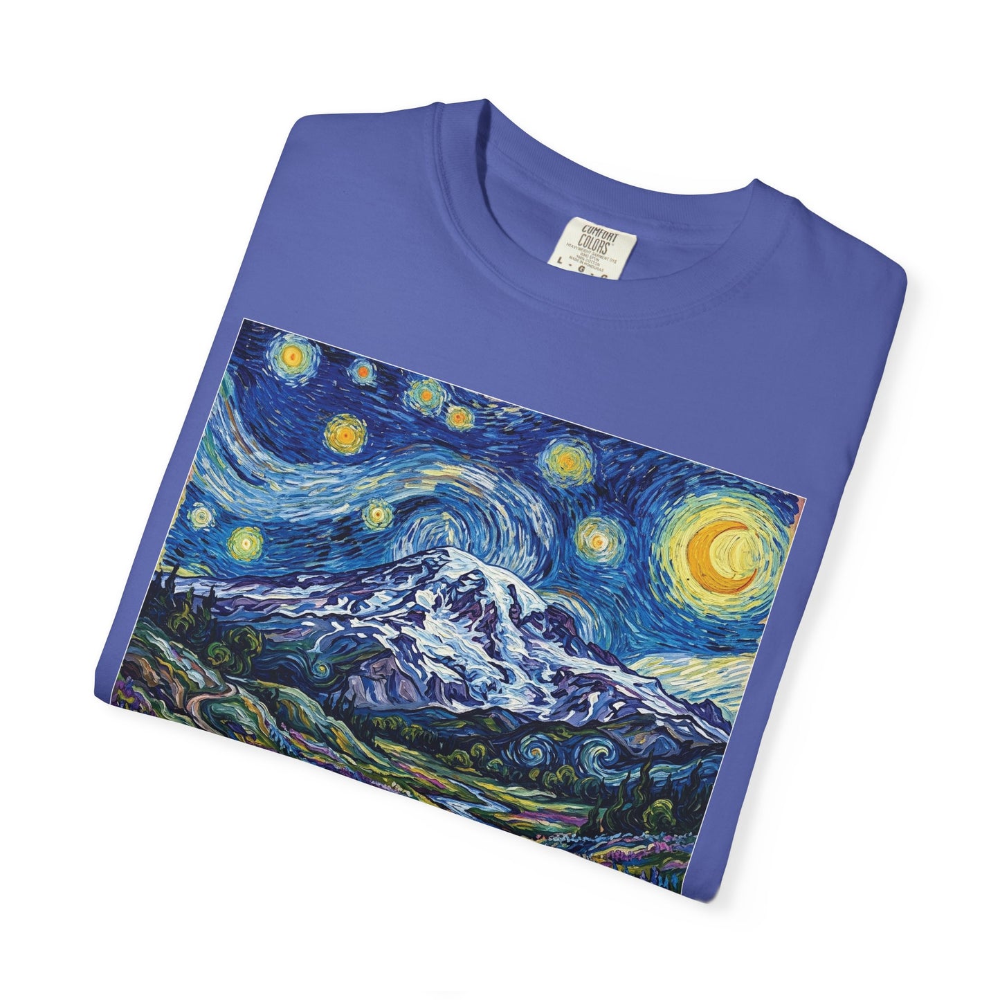 Starry Mountain Landscape T-Shirt — Van Gogh Style Night Sky over Wildflower Valley
