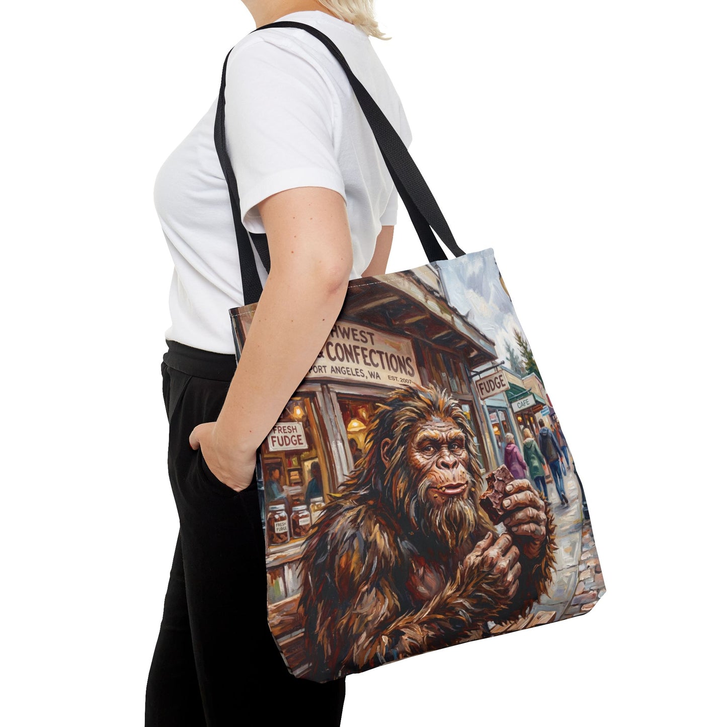 Bigfoot Fudge Shop Tote Bag — Whimsical Sasquatch Street Scene All-Over Print Tote