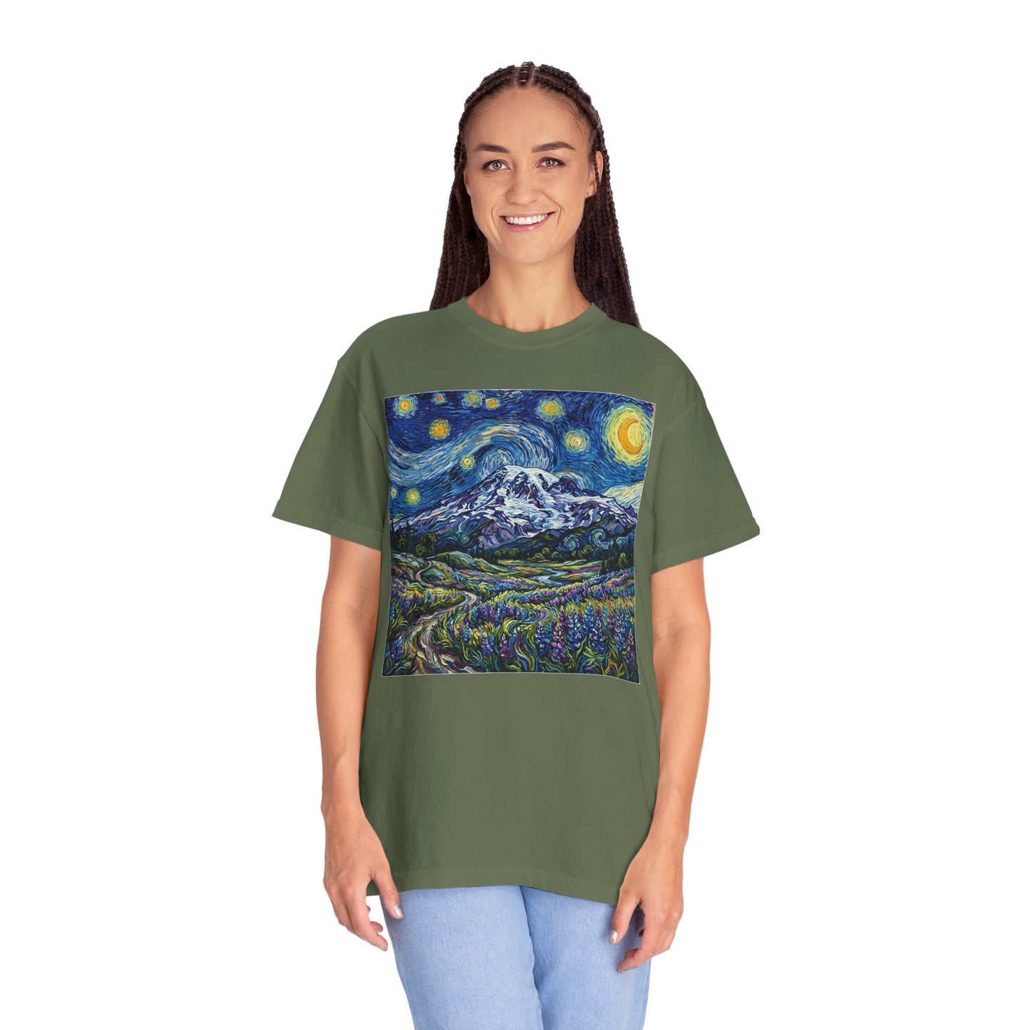 Starry Mountain Landscape T-Shirt — Van Gogh Style Night Sky over Wildflower Valley