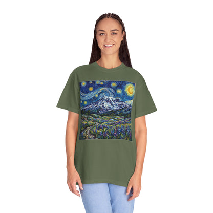 Starry Mountain Landscape T-Shirt — Van Gogh Style Night Sky over Wildflower Valley