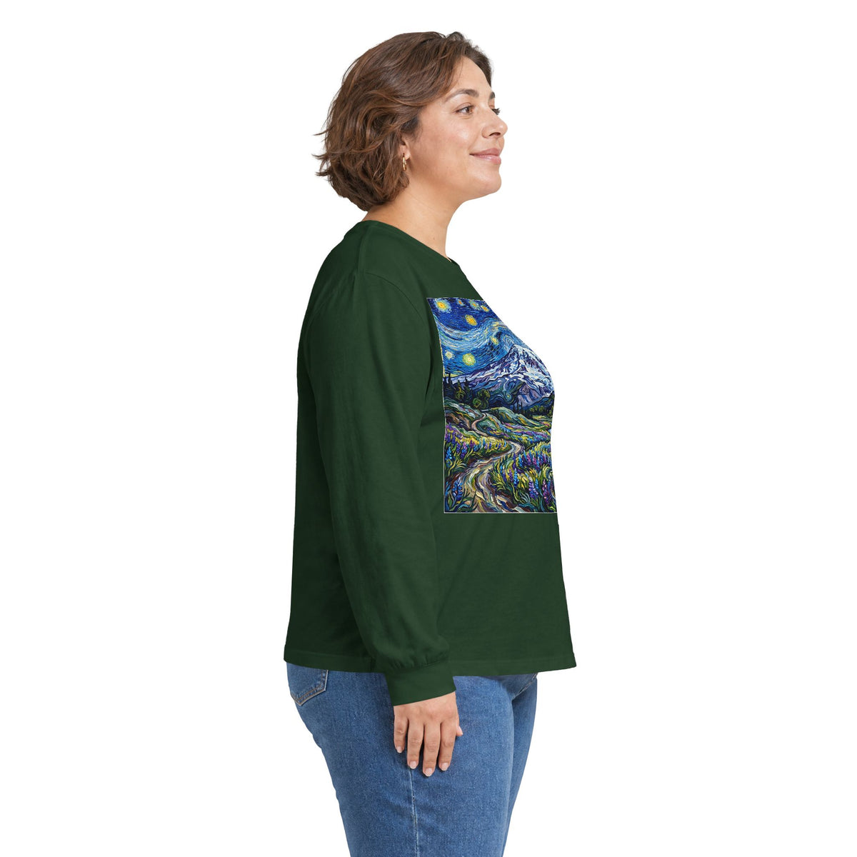 Starry Night Mountain Long Sleeve Tee, Mt. Rainier with Lupines Warm Shirt