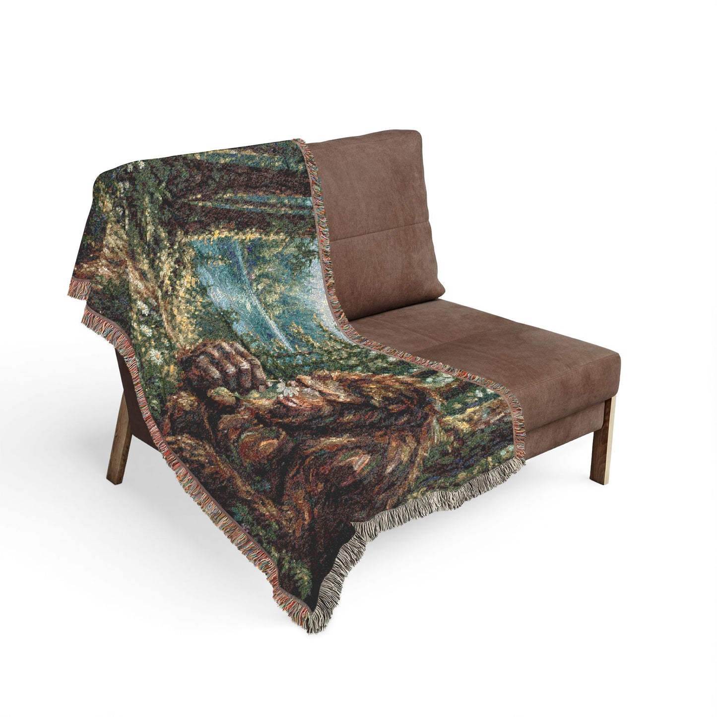 Bigfoot Forest Woven Blanket — Retro Sasquatch Woodland Throw