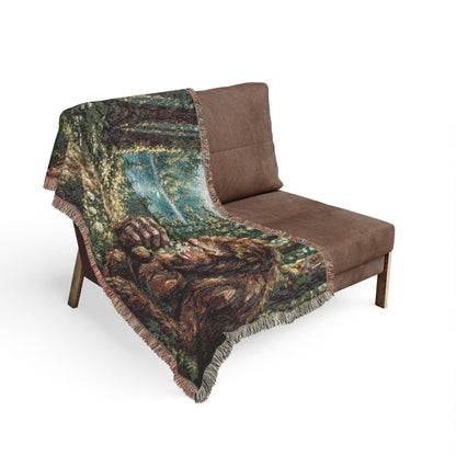 Bigfoot Forest Woven Blanket — Retro Sasquatch Woodland Throw