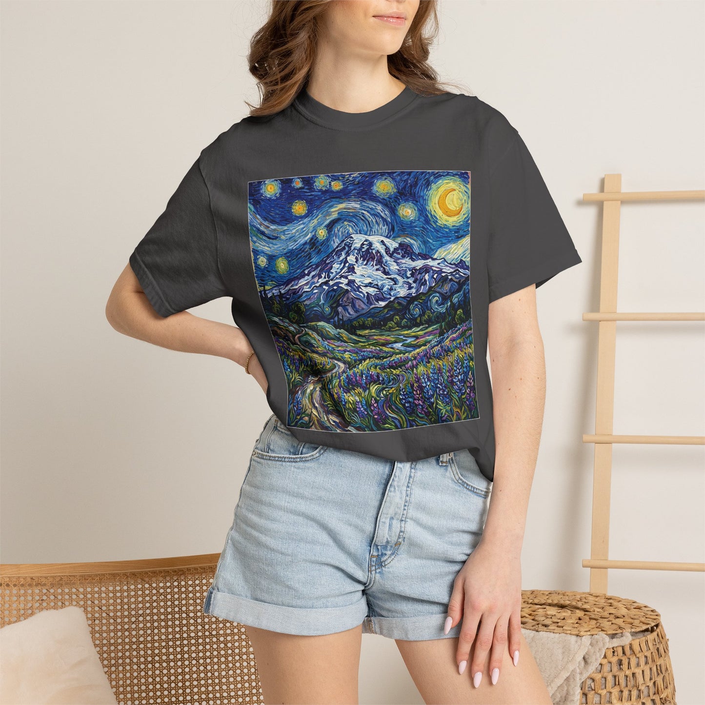 Starry Mountain Landscape T-Shirt — Van Gogh Style Night Sky over Wildflower Valley