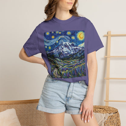 Mt Rainier with Lupines T-Shirt -- Starry Mountain Landscape Tee