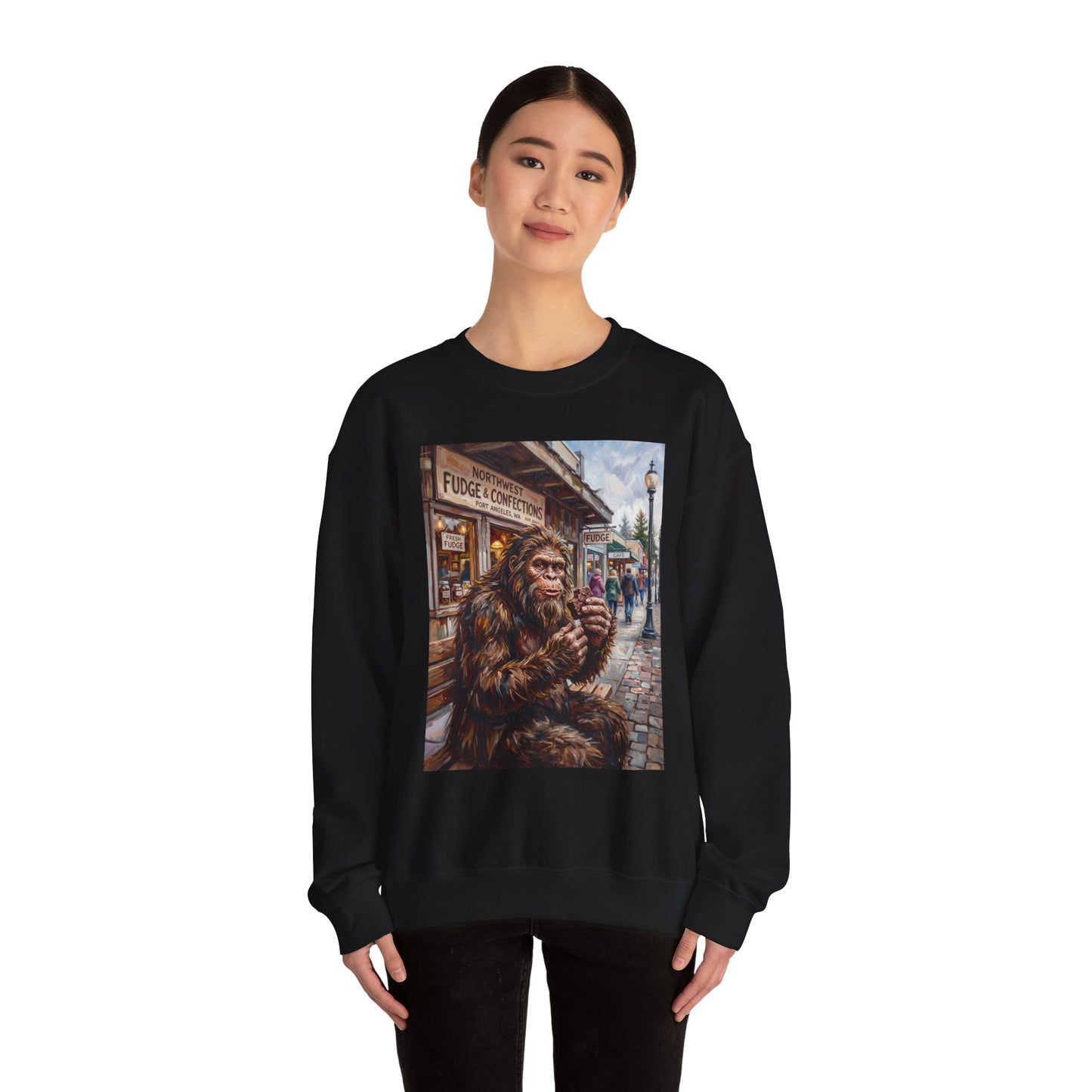 Bigfoot Eating Fudge Crewneck Sweatshirt — Funny Sasquatch Vintage Street Scene