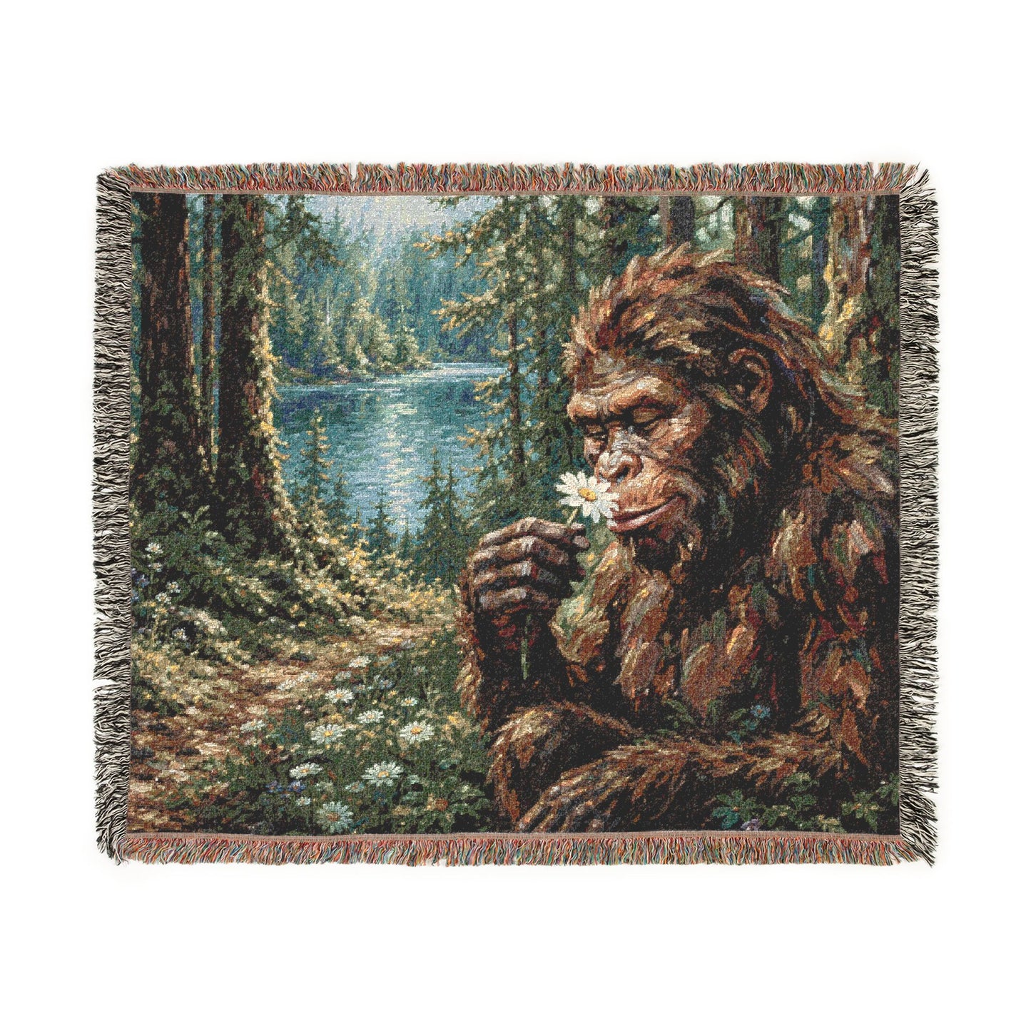 Bigfoot Forest Woven Blanket — Retro Sasquatch Woodland Throw
