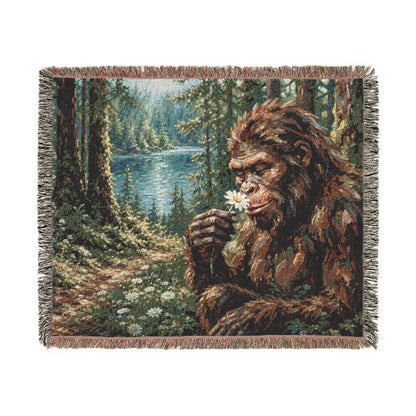 Bigfoot Forest Woven Blanket — Retro Sasquatch Woodland Throw