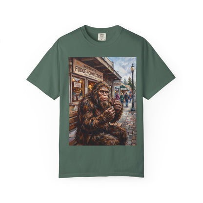 Bigfoot Fudge Shop T-Shirt — Sasquatch Street Scene Graphic Tee