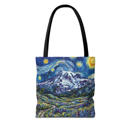 Starry Mountain Landscape Tote Bag — Van Gogh Style Mountain Night All-Over Print