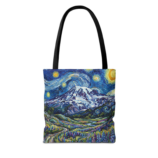 Starry Mountain Landscape Tote Bag — Van Gogh Style Mountain Night All-Over Print