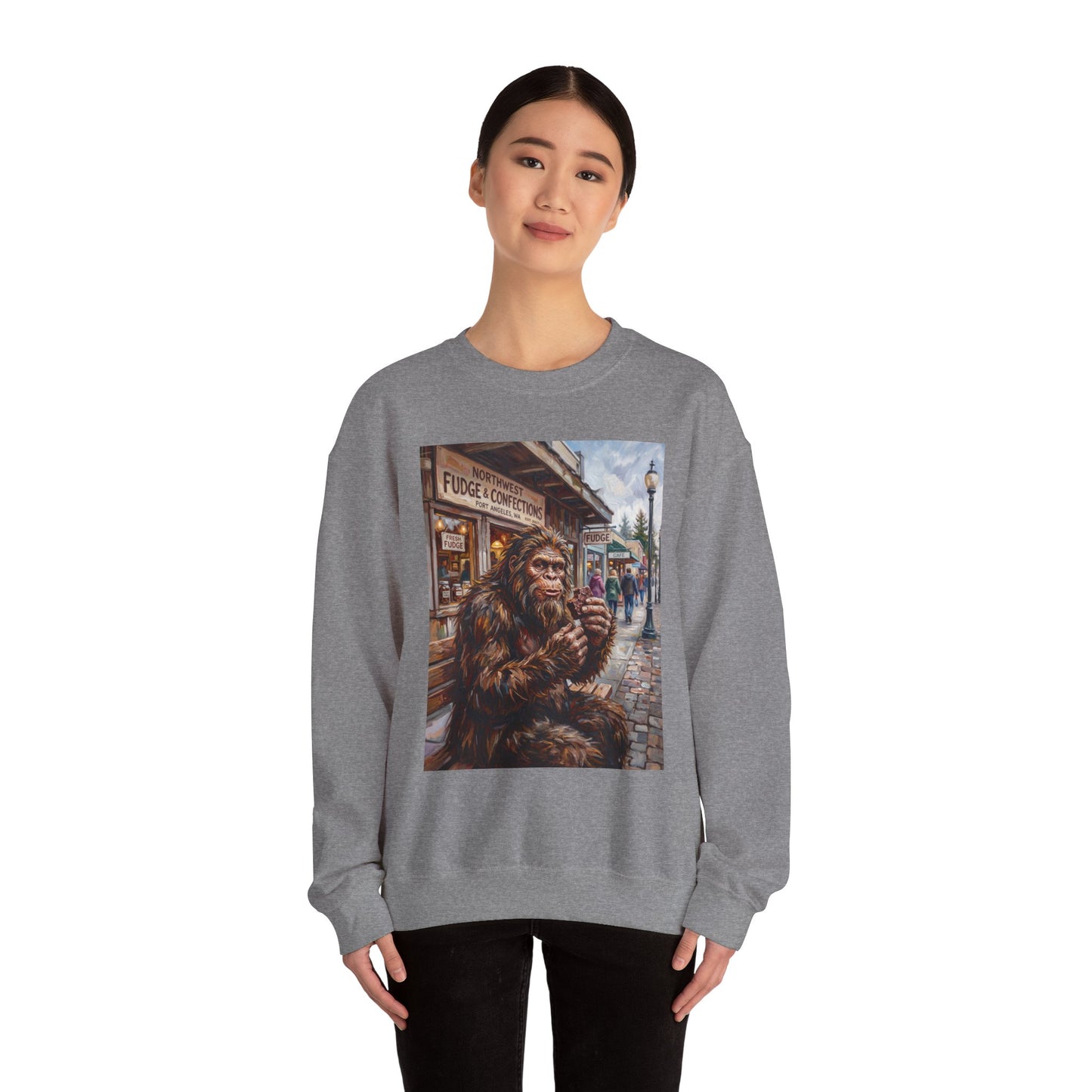 Bigfoot Eating Fudge Crewneck Sweatshirt — Funny Sasquatch Vintage Street Scene