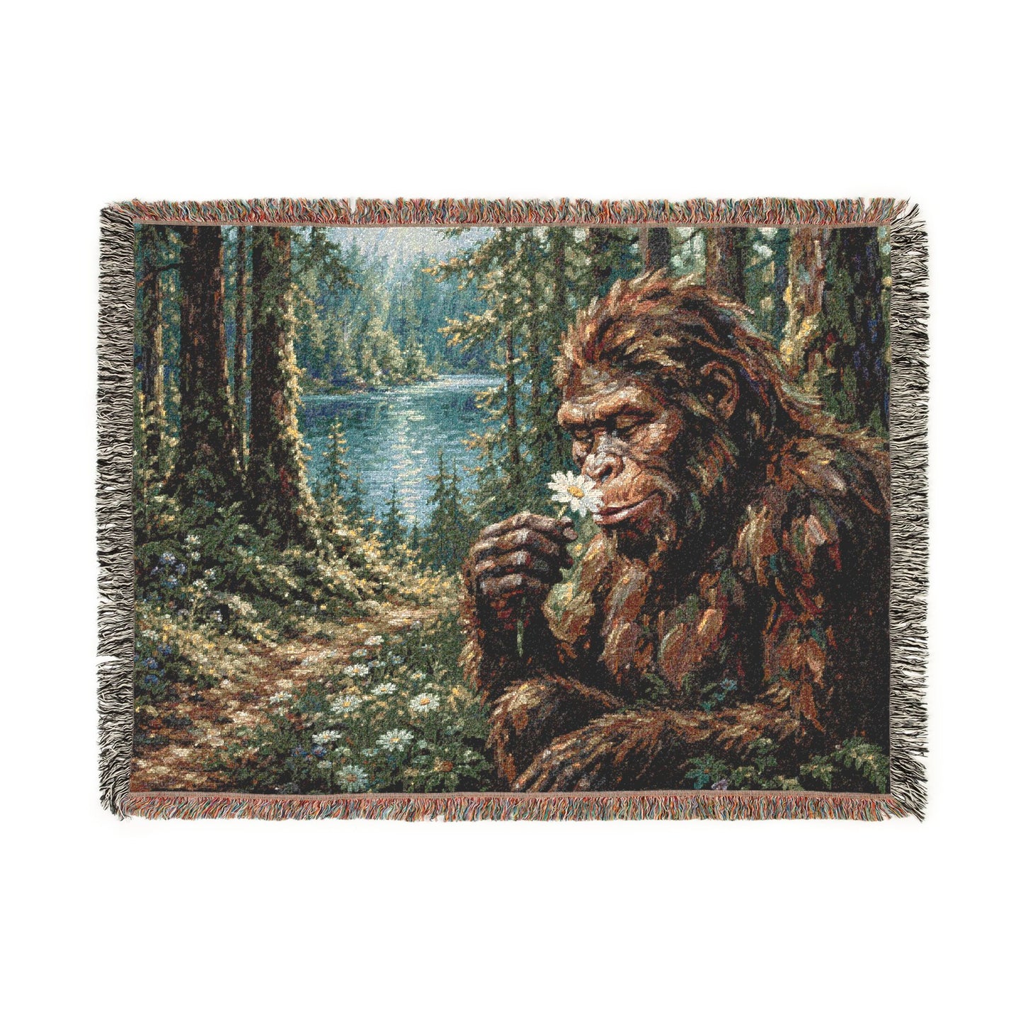Bigfoot Forest Woven Blanket — Retro Sasquatch Woodland Throw