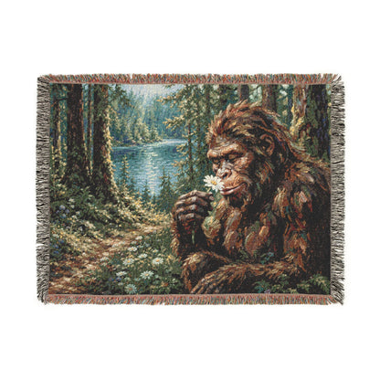 Bigfoot Forest Woven Blanket — Retro Sasquatch Woodland Throw