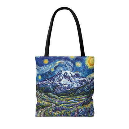Starry Mountain Landscape Tote Bag — Van Gogh Style Mountain Night All-Over Print