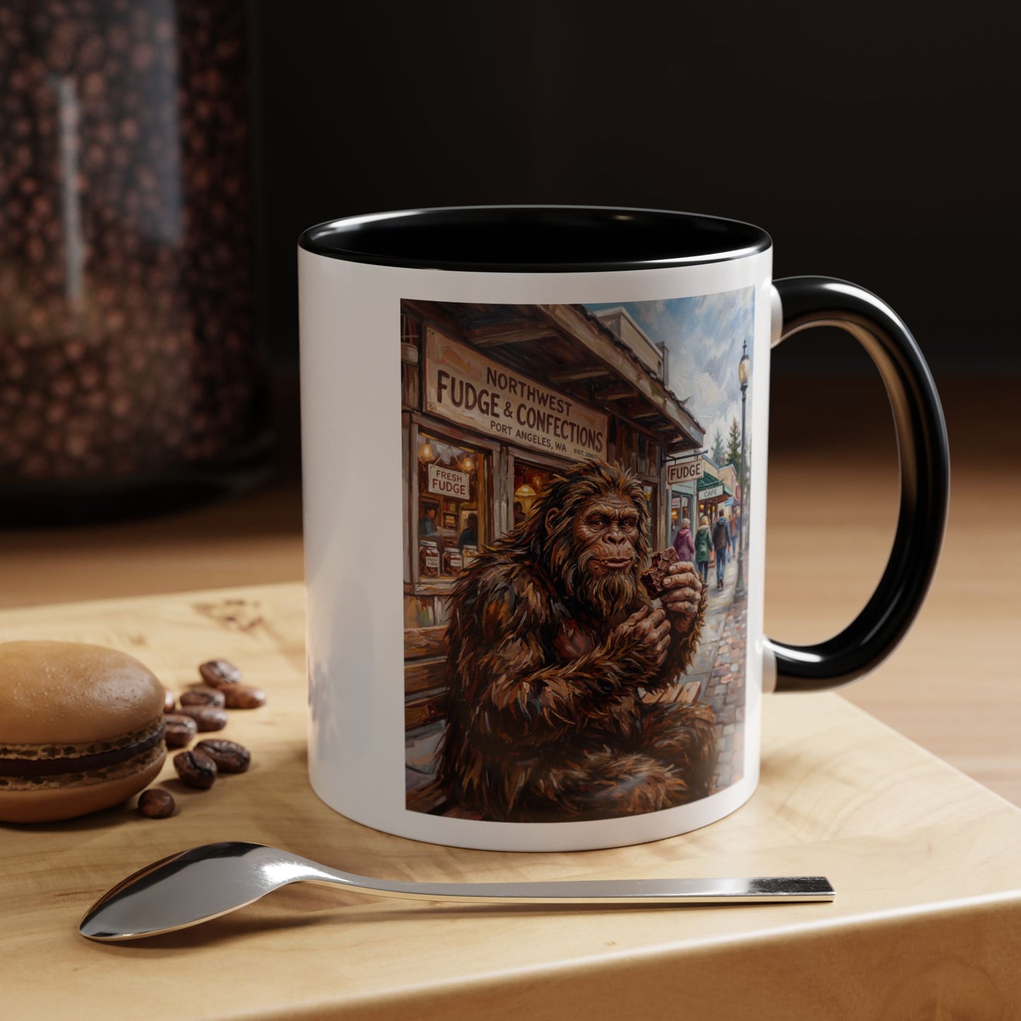 Bigfoot Street Scene Accent Coffee Mug — Sasquatch Eating Fudge in Vintage Town (11/15oz)
