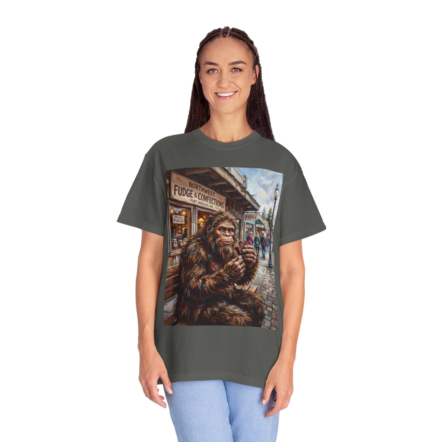 Bigfoot Fudge Shop T-Shirt — Sasquatch Street Scene Graphic Tee