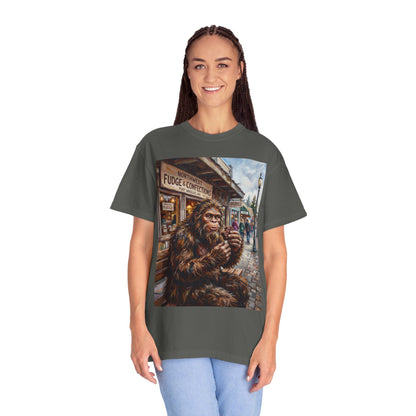Bigfoot Fudge Shop T-Shirt — Sasquatch Street Scene Graphic Tee
