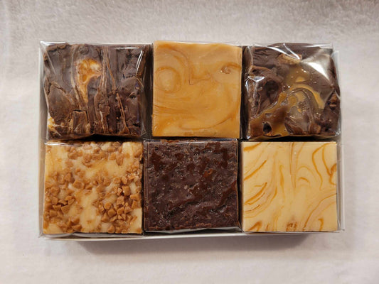 6 flavors of fudge in a gift box