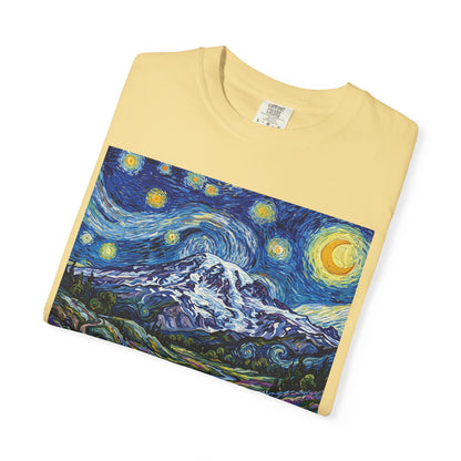 Mt Rainier with Lupines T-Shirt -- Starry Mountain Landscape Tee