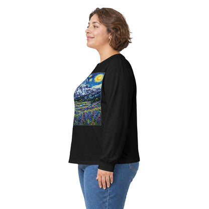 Starry Night Mountain Long Sleeve Tee, Mt. Rainier with Lupines Warm Shirt