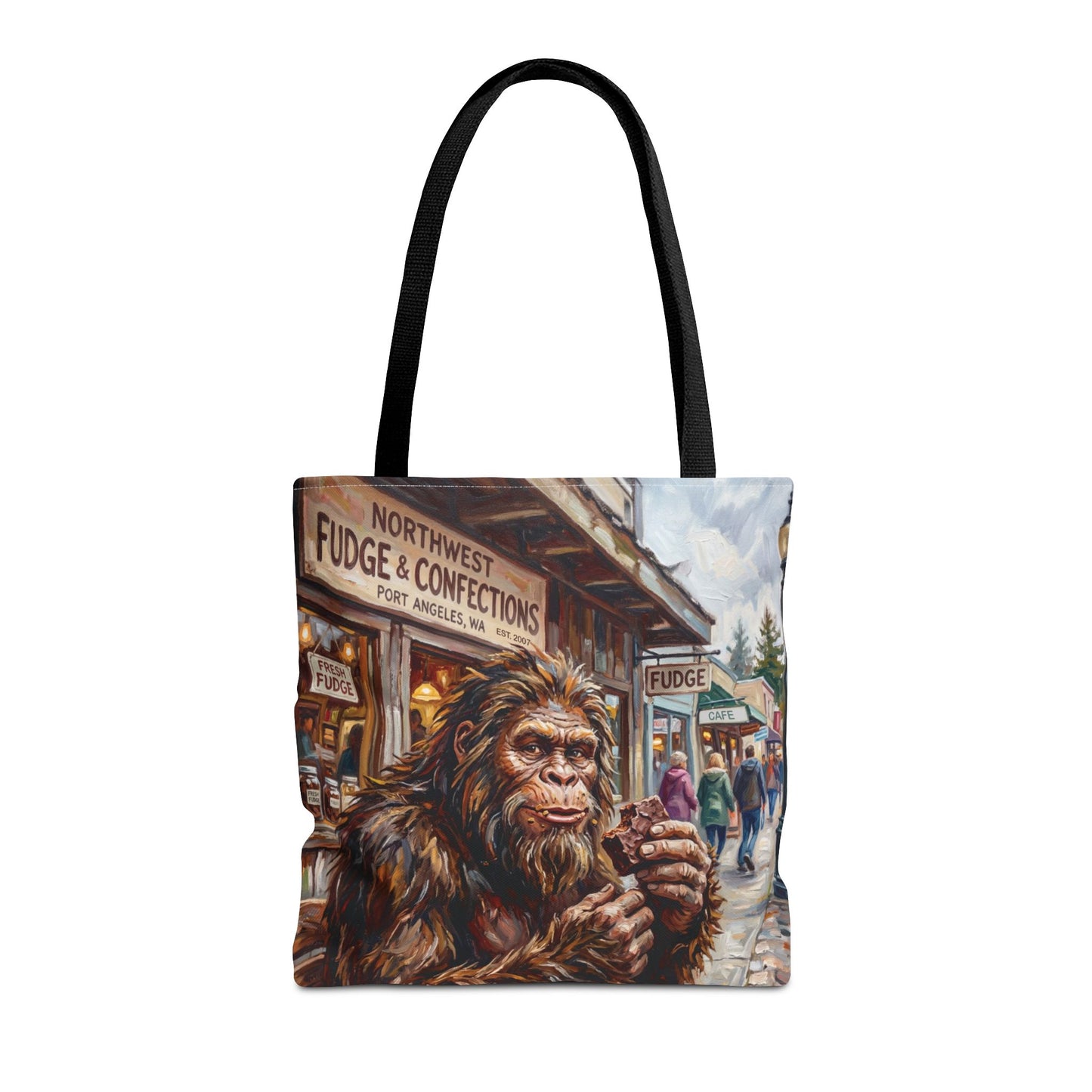 Bigfoot Fudge Shop Tote Bag — Whimsical Sasquatch Street Scene All-Over Print Tote