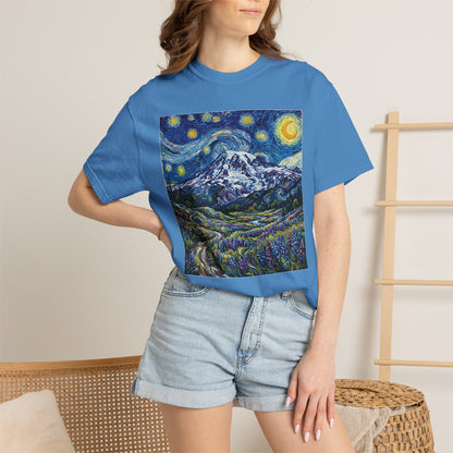 Starry Mountain Landscape T-Shirt — Van Gogh Style Night Sky over Wildflower Valley