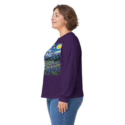 Starry Night Mountain Long Sleeve Tee, Mt. Rainier with Lupines Warm Shirt