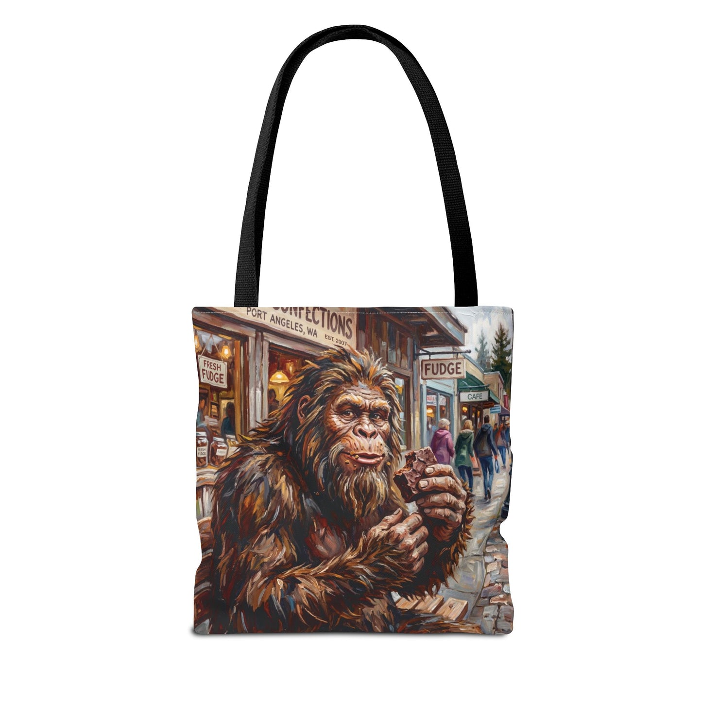 Bigfoot Fudge Shop Tote Bag — Whimsical Sasquatch Street Scene All-Over Print Tote