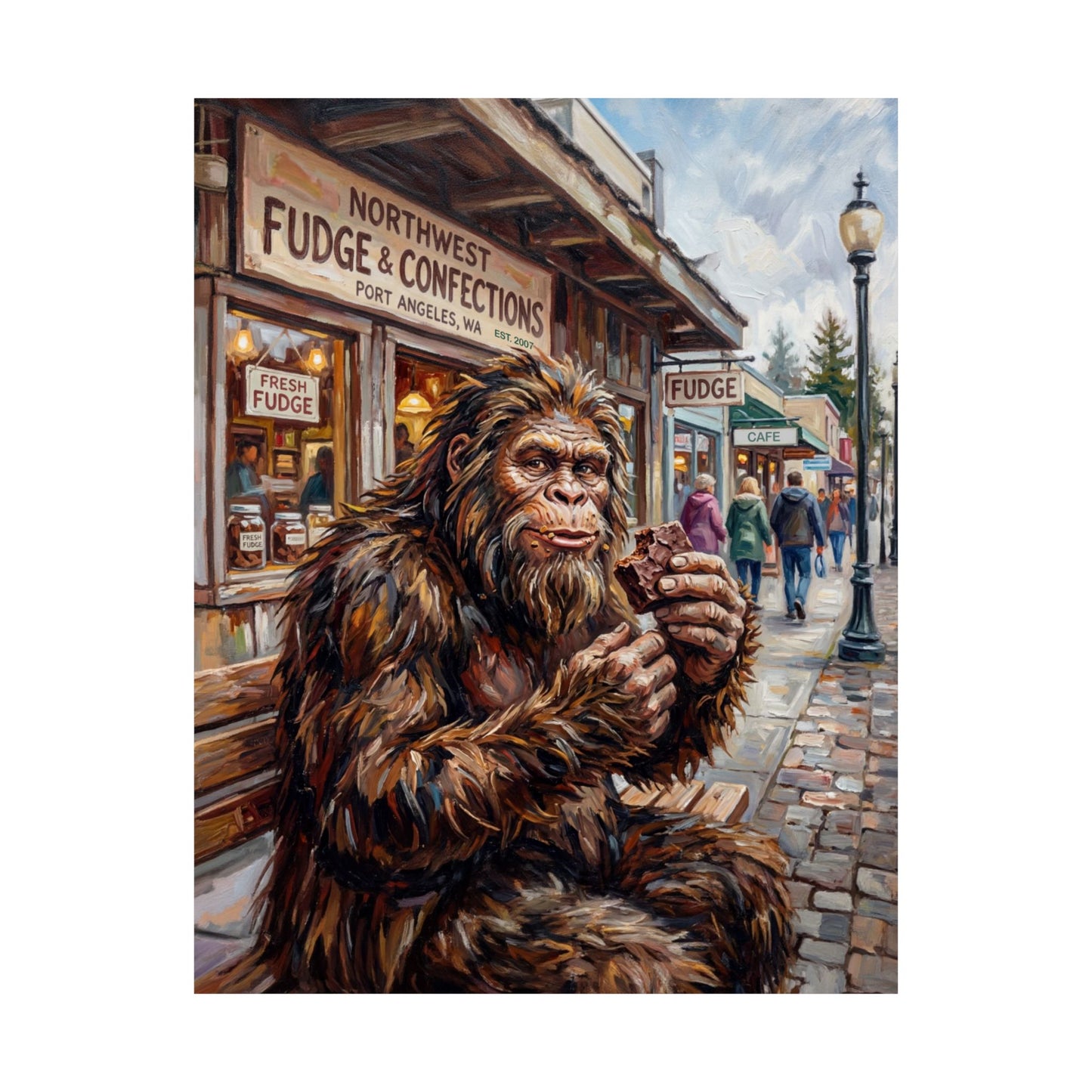 Sasquatch with Fudge at NW Fudge - Satin Poster — Retro Bigfoot Art Print