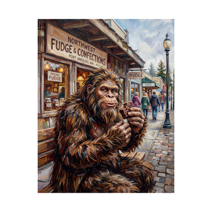Sasquatch with Fudge at NW Fudge - Satin Poster — Retro Bigfoot Art Print