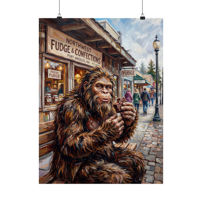 Sasquatch with Fudge at NW Fudge - Satin Poster — Retro Bigfoot Art Print