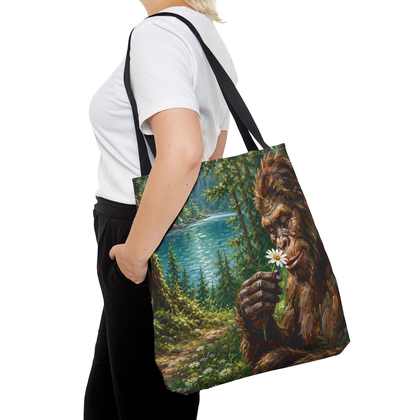 Sasquatch Meadow Tote Bag — Whimsical Bigfoot Nature Canvas Tote
