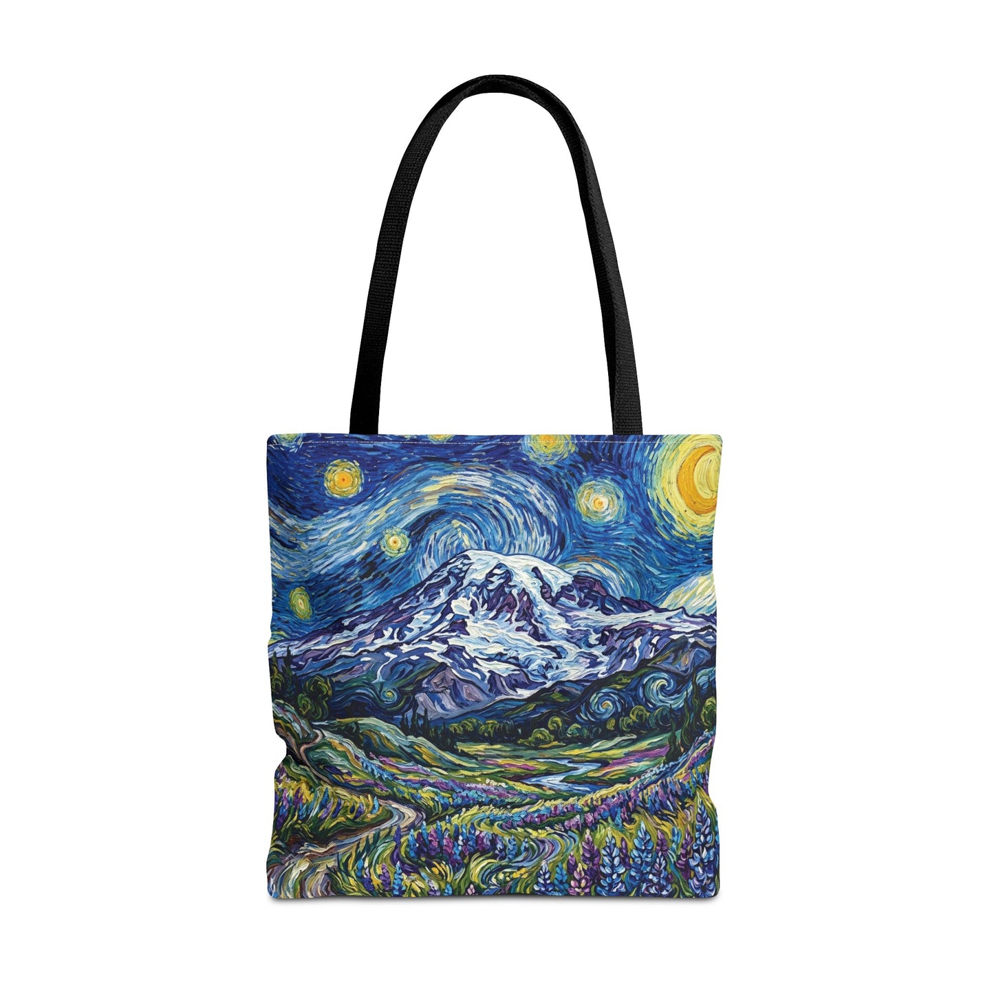 Starry Mountain Landscape Tote Bag — Van Gogh Style Mountain Night All-Over Print