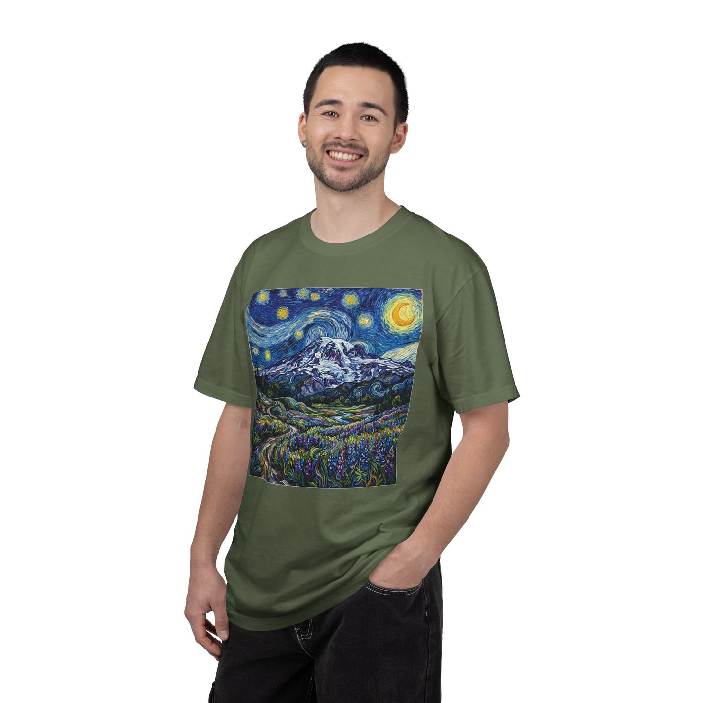 Starry Mountain Landscape T-Shirt — Van Gogh Style Night Sky over Wildflower Valley