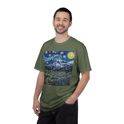 Starry Mountain Landscape T-Shirt — Van Gogh Style Night Sky over Wildflower Valley