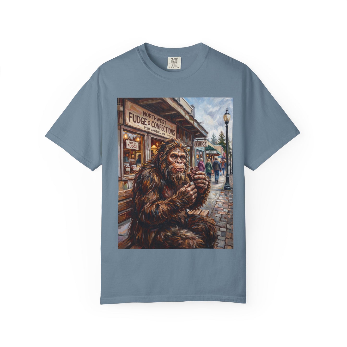 Bigfoot Fudge Shop T-Shirt — Sasquatch Street Scene Graphic Tee