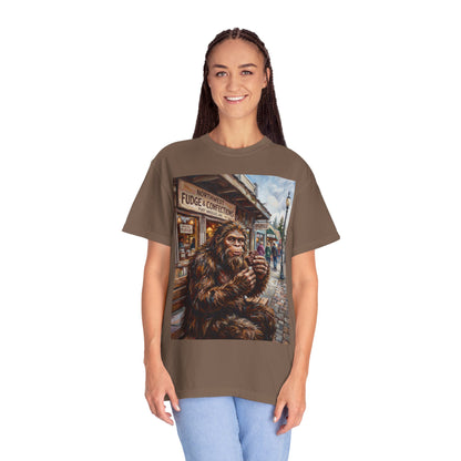 Bigfoot Fudge Shop T-Shirt — Sasquatch Street Scene Graphic Tee