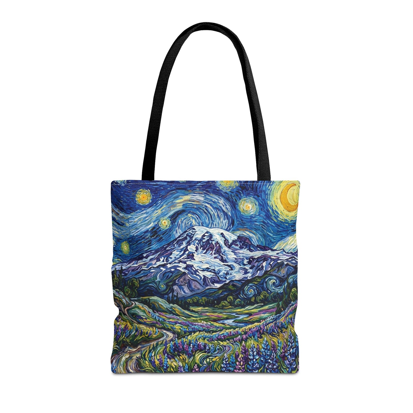 Starry Mountain Landscape Tote Bag — Van Gogh Style Mountain Night All-Over Print