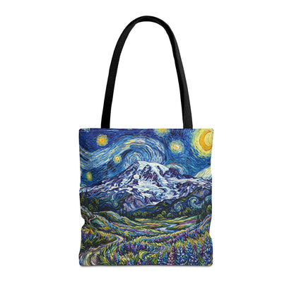 Starry Mountain Landscape Tote Bag — Van Gogh Style Mountain Night All-Over Print