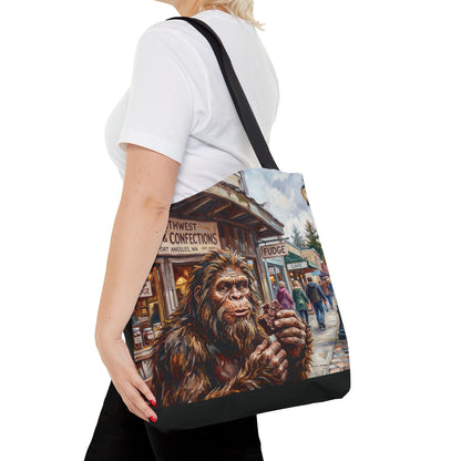 Bigfoot Fudge Shop Tote Bag — Quirky Sasquatch Market Art Tote