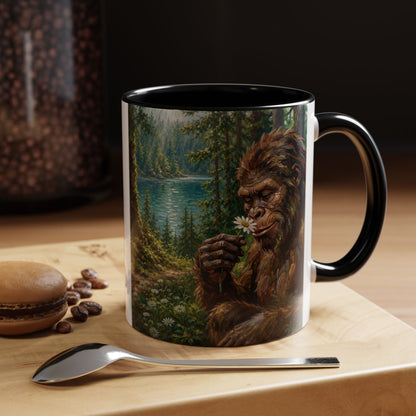 Bigfoot Forest Coffee Mug — Sasquatch Holding Daisy 11oz or 15oz Accent Mug
