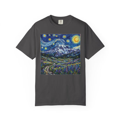 Starry Mountain Landscape T-Shirt — Van Gogh Style Night Sky over Wildflower Valley